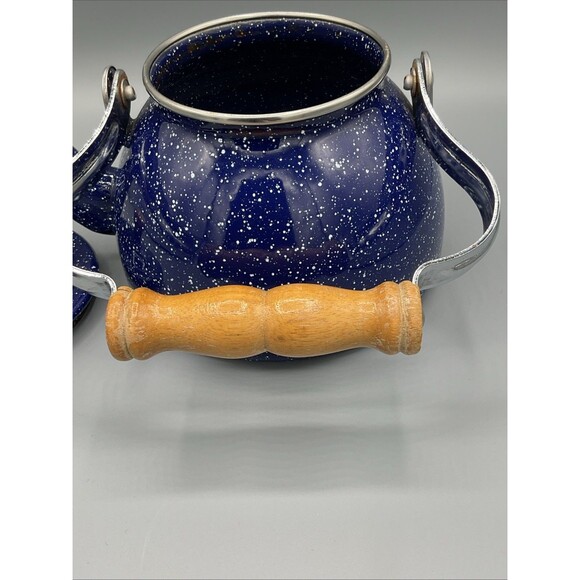 Vintage Blue White Speckled Enamelware Goose Neck Teapot Tea Kettle - Picture 9 of 13